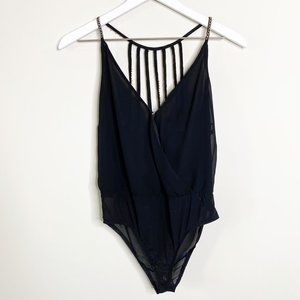 Black Chiffon Surplice Plunge Chain Back Bodysuit